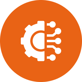 Orange circle with gear and circuit design.