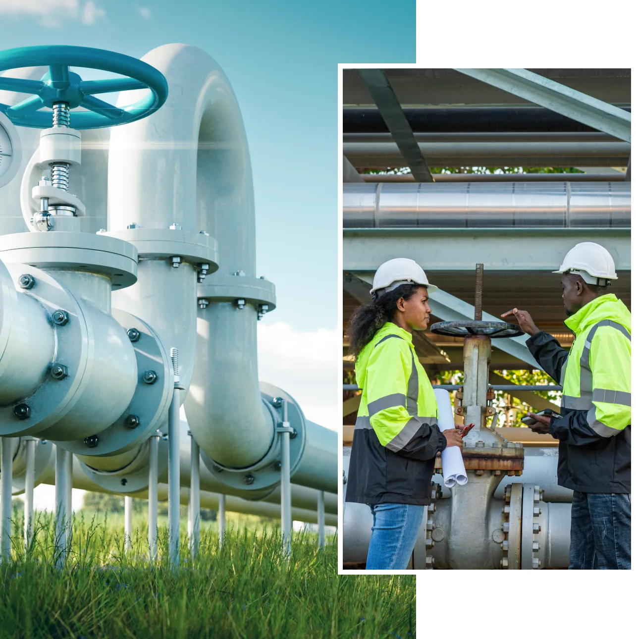 Industrial pipes and engineers in safety gear.