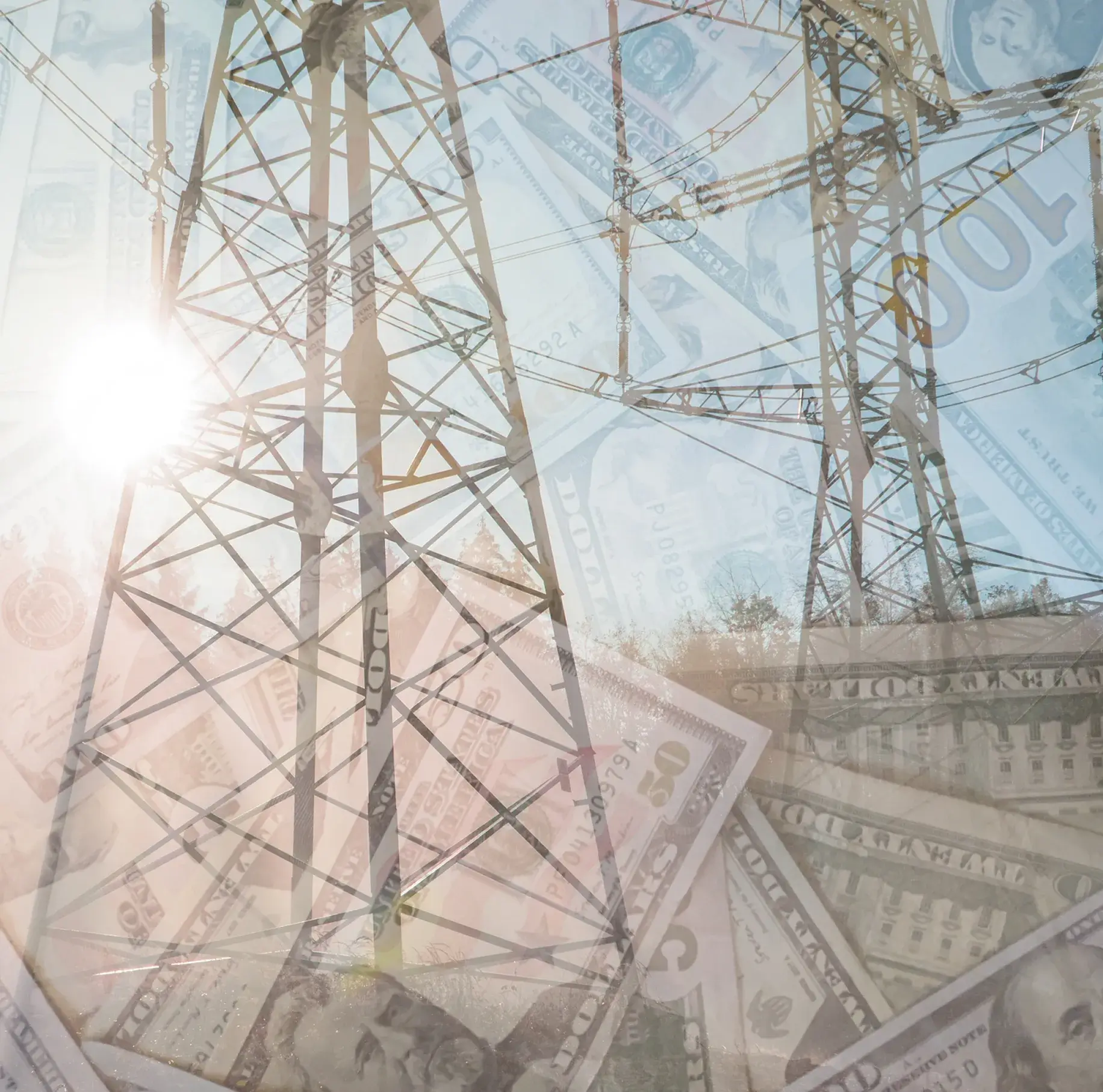 Power lines and money overlapping in sunlight.