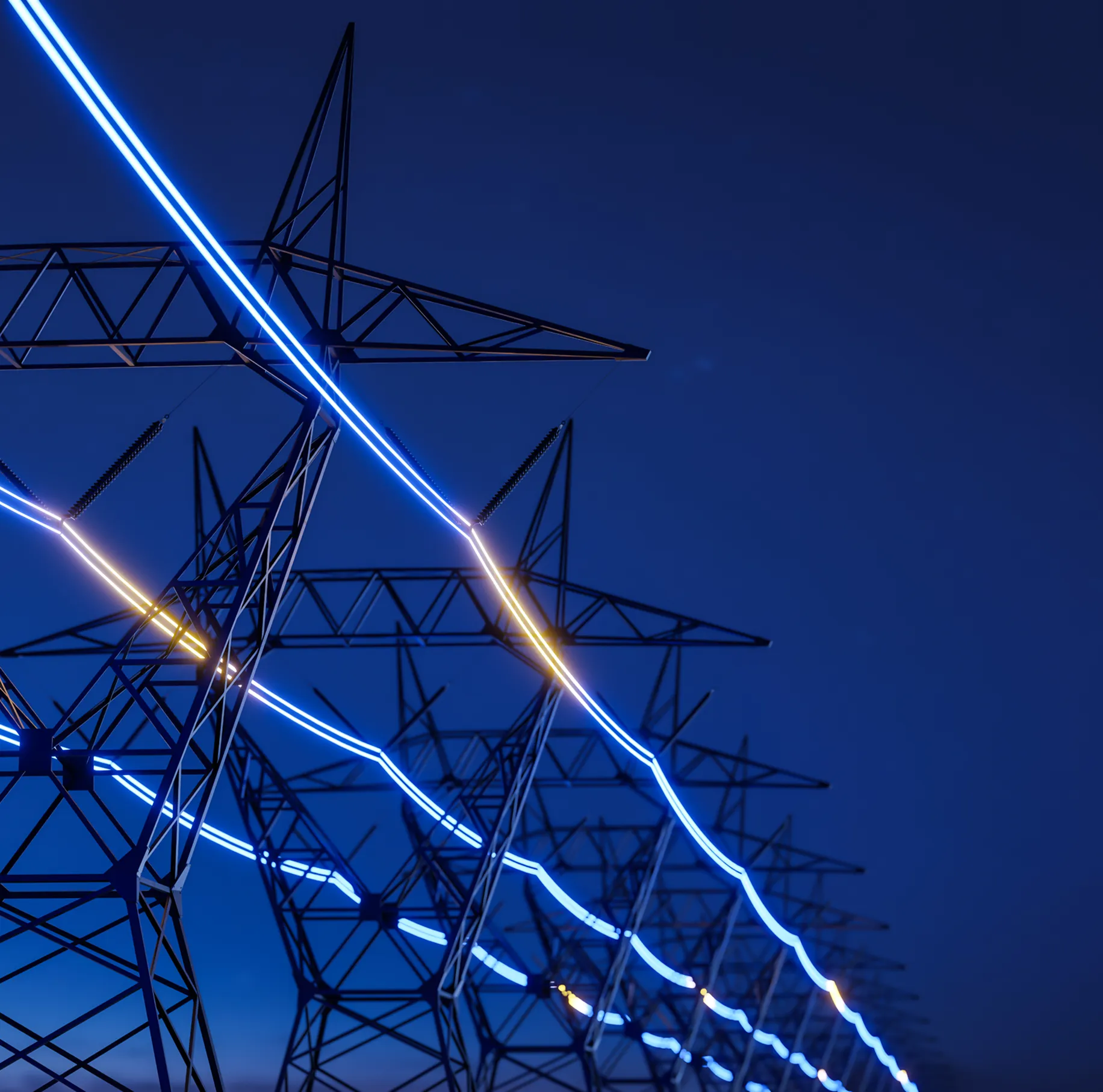 Power lines with blue illuminated wires.