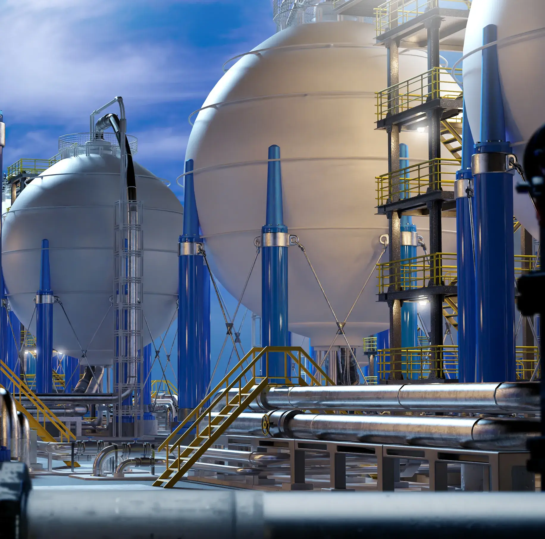 Industrial gas storage tanks with pipelines.
